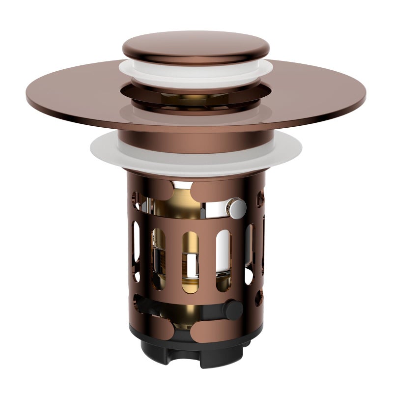 Hibbent Upgraded 3 in 1 Bathroom Sink Drain Strainer, Universal Pop Up Stopper with Removable Stainless Steel Filter Basket Hair Catcher, Sink Plug for 1.1''~2.36'' Basin, Brass Bullet Core, Rose Gold - Image 1