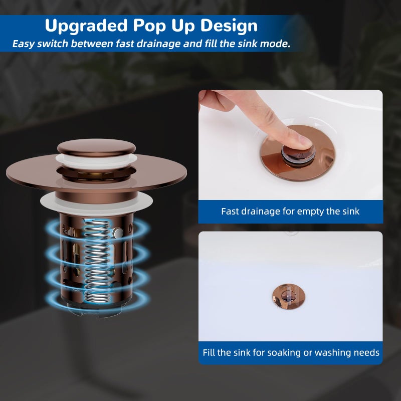 Hibbent Upgraded 3 in 1 Bathroom Sink Drain Strainer, Universal Pop Up Stopper with Removable Stainless Steel Filter Basket Hair Catcher, Sink Plug for 1.1''~2.36'' Basin, Brass Bullet Core, Rose Gold - Image 5