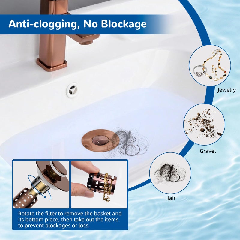 Hibbent Upgraded 3 in 1 Bathroom Sink Drain Strainer, Universal Pop Up Stopper with Removable Stainless Steel Filter Basket Hair Catcher, Sink Plug for 1.1''~2.36'' Basin, Brass Bullet Core, Rose Gold - Image 2