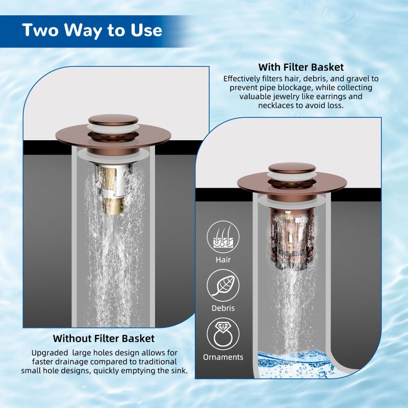 Hibbent Upgraded 3 in 1 Bathroom Sink Drain Strainer, Universal Pop Up Stopper with Removable Stainless Steel Filter Basket Hair Catcher, Sink Plug for 1.1''~2.36'' Basin, Brass Bullet Core, Rose Gold - Image 3