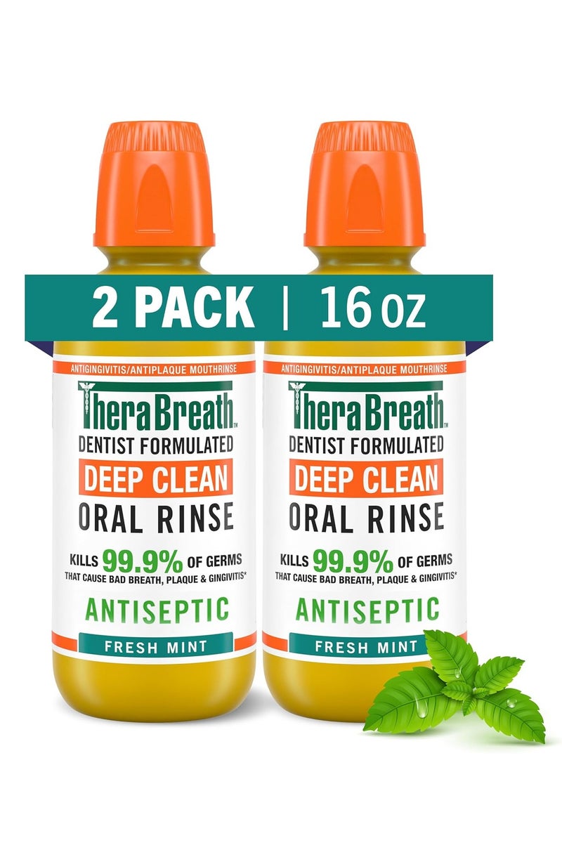 ثيرابريذ غسول الفم ثيرابريث للتنظيف العميق، مضاد لالتهاب اللثة، مطهر، بنكهة النعناع المنعش، تركيبة أطباء الأسنان، خالٍ من الكحول، 16 أونصة سائلة (عبوة من قطعتين)