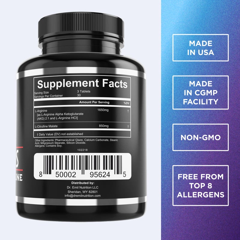 DR EMIL NUTRITION ARGININE PLUS, Arginine + Citrulline, 2500 mg Nitric Oxide Booster, Dietary Supplement, 90 Tablets - Image 2