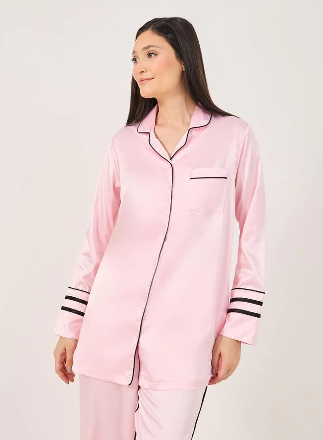 Styli Contrast Piping Detail Longline Shirt and Pyjama Set