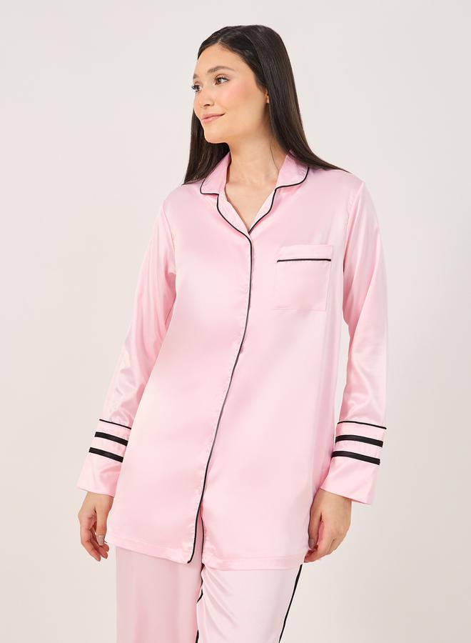 Styli Contrast Piping Detail Longline Shirt and Pyjama Set  - Image 3