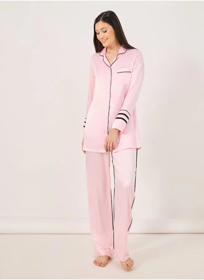 Styli Contrast Piping Detail Longline Shirt and Pyjama Set