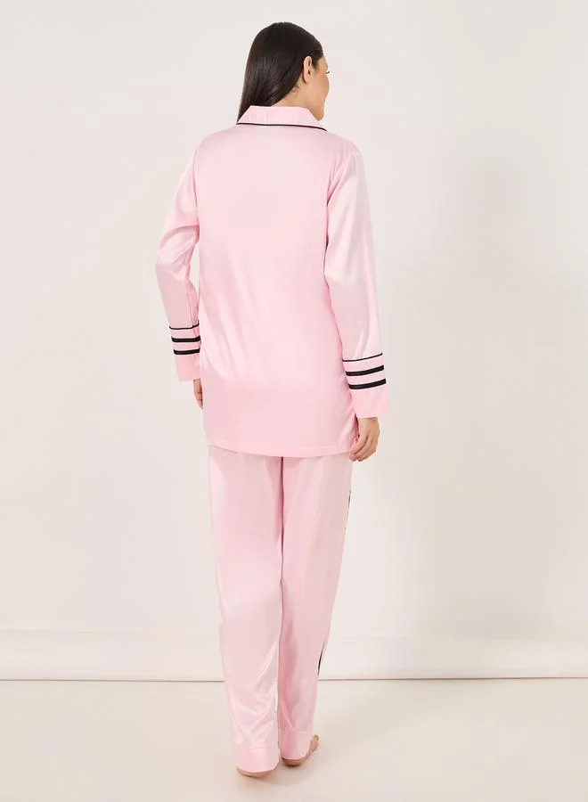 Styli Contrast Piping Detail Longline Shirt and Pyjama Set