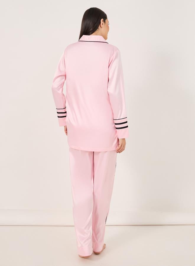 Styli Contrast Piping Detail Longline Shirt and Pyjama Set  - Image 5