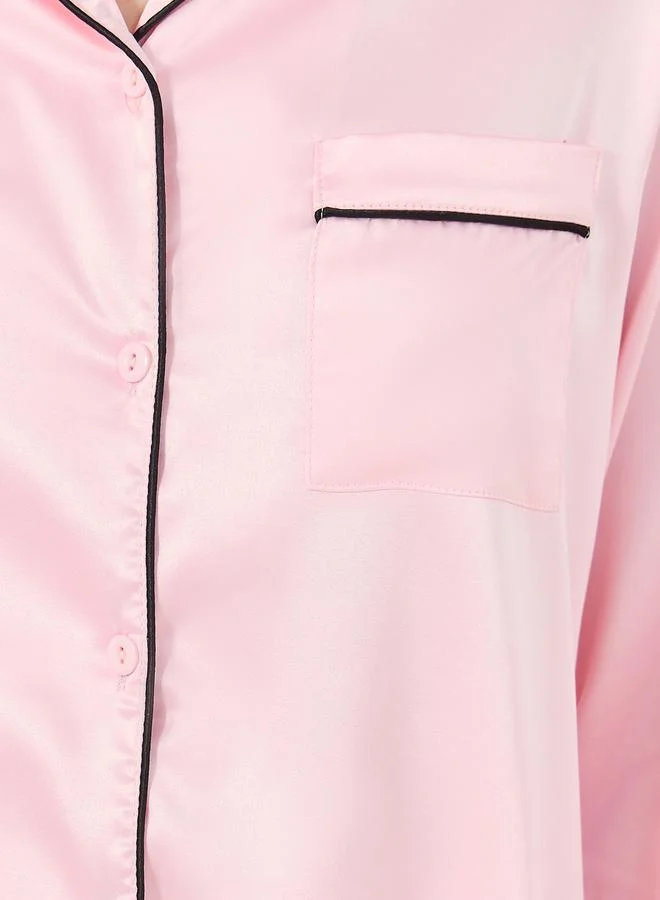 Styli Contrast Piping Detail Longline Shirt and Pyjama Set