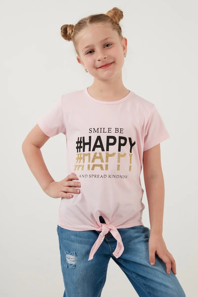 ليلا Cotton Printed Tie Detailed Crew Neck T Shirt Girl's T Shirt 6211018