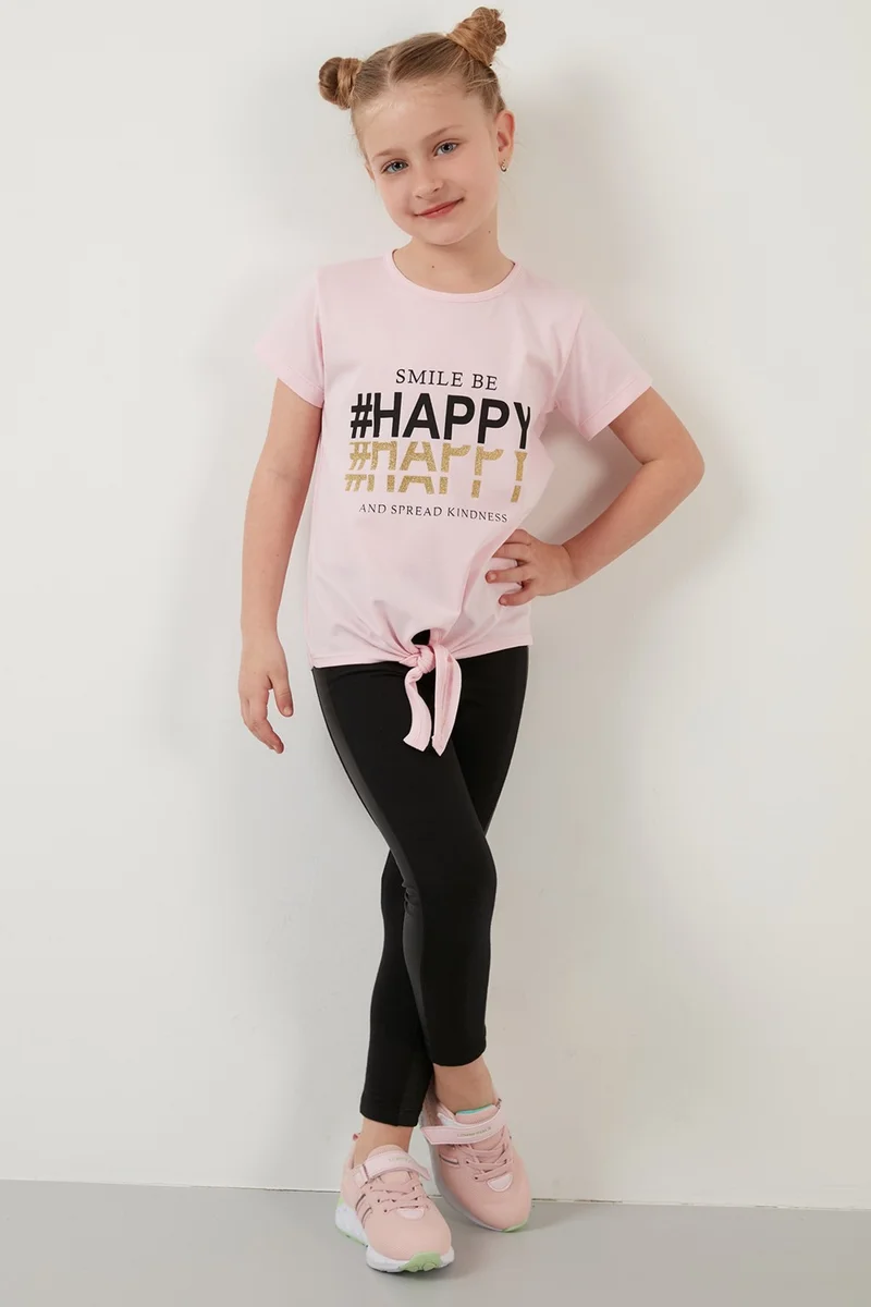 ليلا Cotton Printed Tie Detailed Crew Neck T Shirt Girl's T Shirt 6211018