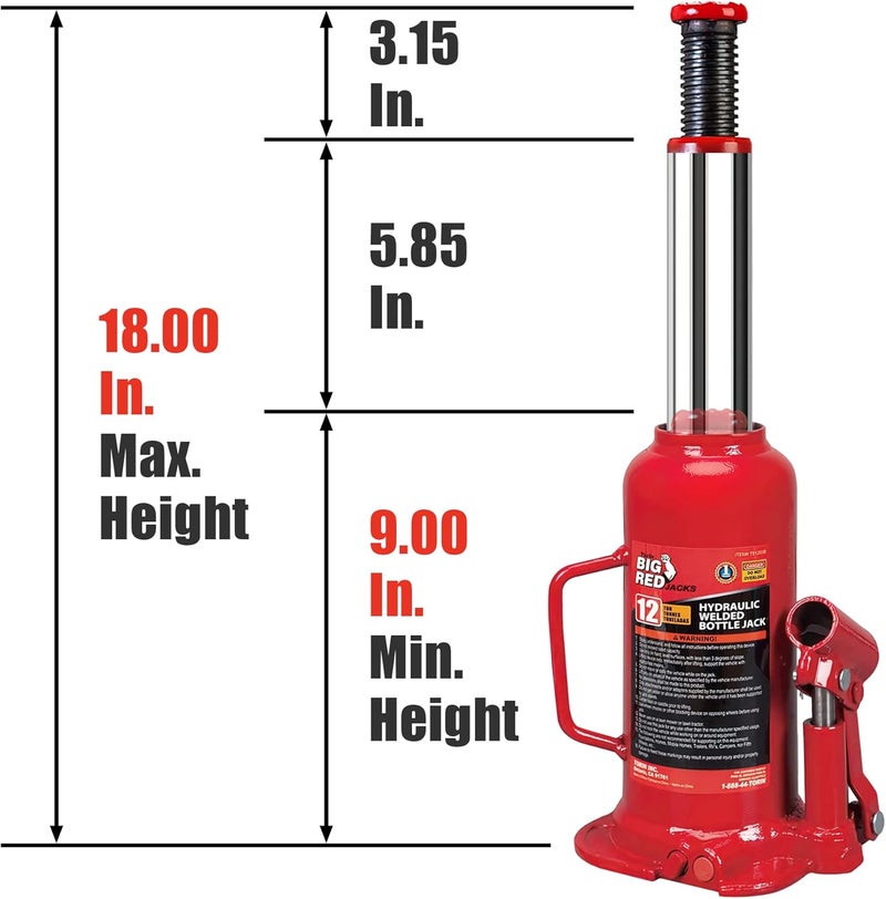 BIG RED T91203B Torin Hydraulic Welded Bottle Jack, 12 Ton (24,000 lb) Capacity, Red - Image 2