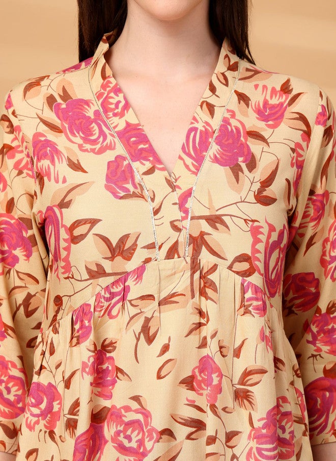 LARGISH Women Floral Printed A-Line Kurta with Three-Quarter Sleeves - Image 2