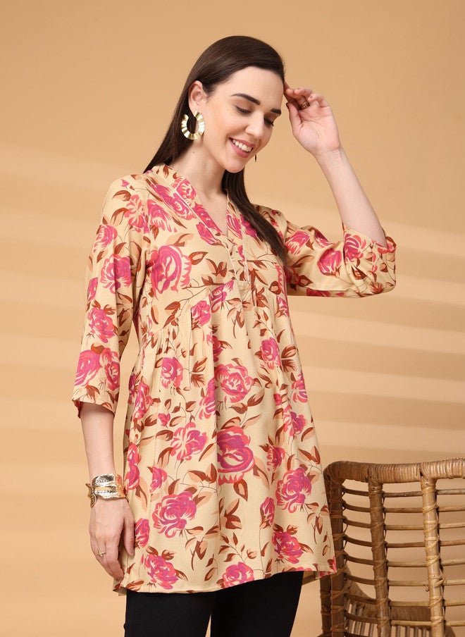 LARGISH Women Floral Printed A-Line Kurta with Three-Quarter Sleeves - Image 3