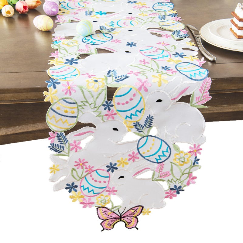 Joyfol Day Easter Bunnys Table Runner Cutwork Embroidered Floral Eggs Butterfly Table Runners Colorful Flower Dresser Scarf for Spring Holiday Home Kitchen Dining Tabletop Decoration 1459 - Image 2