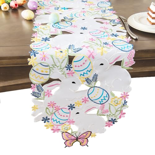 Joyfol Day Easter Bunnys Table Runner Cutwork Embroidered Floral Eggs Butterfly Table Runners Colorful Flower Dresser Scarf for Spring Holiday Home Kitchen Dining Tabletop Decoration 1459 - Image 1