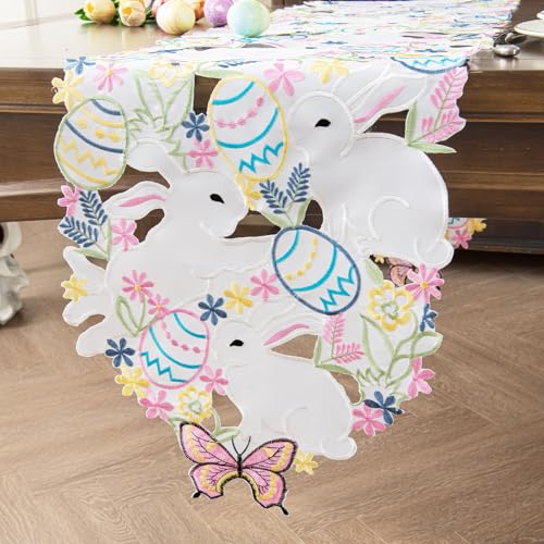 Joyfol Day Easter Bunnys Table Runner Cutwork Embroidered Floral Eggs Butterfly Table Runners Colorful Flower Dresser Scarf for Spring Holiday Home Kitchen Dining Tabletop Decoration 1459 - Image 3