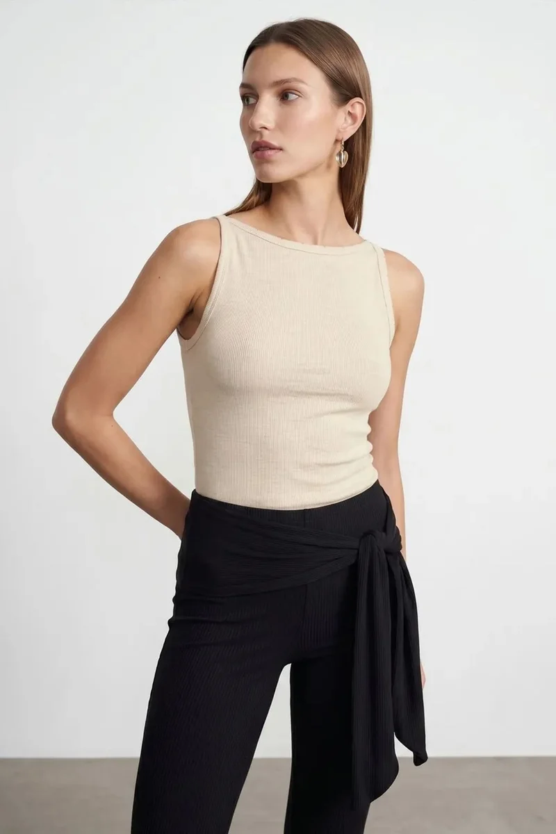 DILVIN Ribbed Cotton Halterneck Blouse