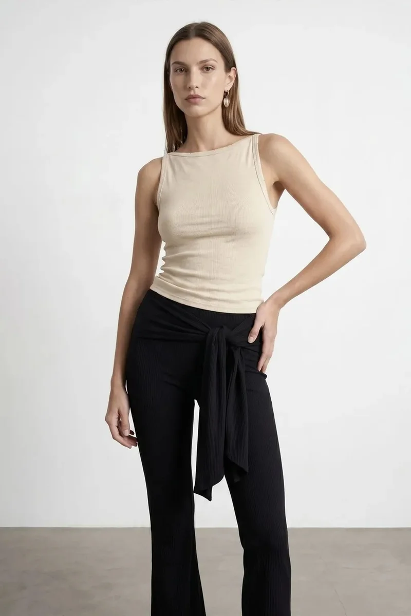Dilvin Beige Natural DILVIN Ribbed Cotton Halterneck Blouse for Women | Best Price UAE