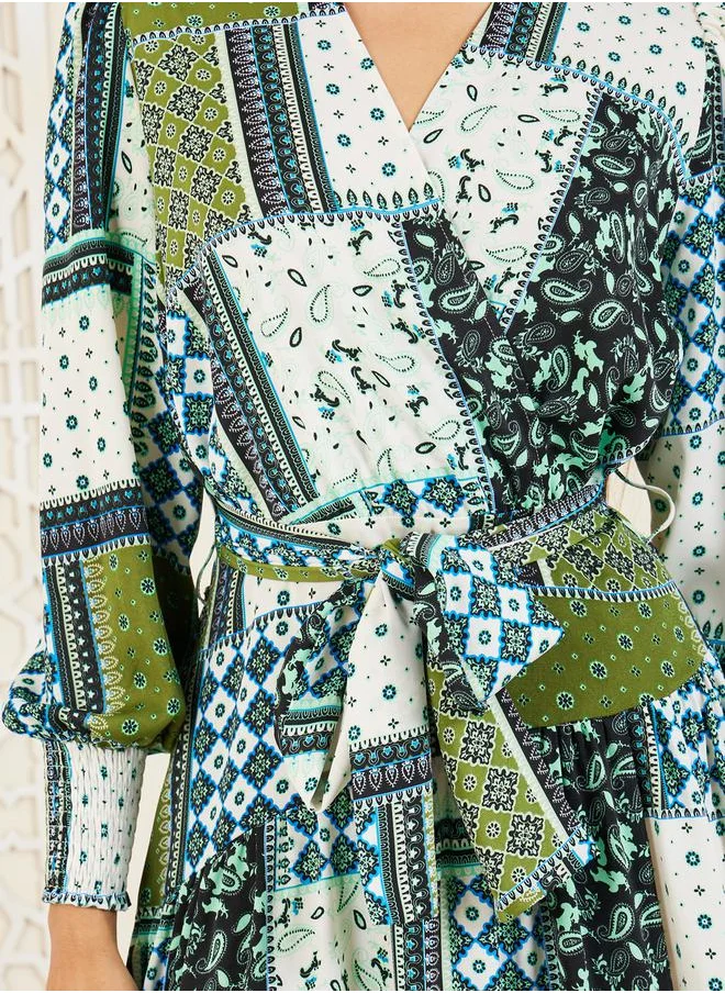Styli Patchwork Print A-Line Wrap Maxi Dress