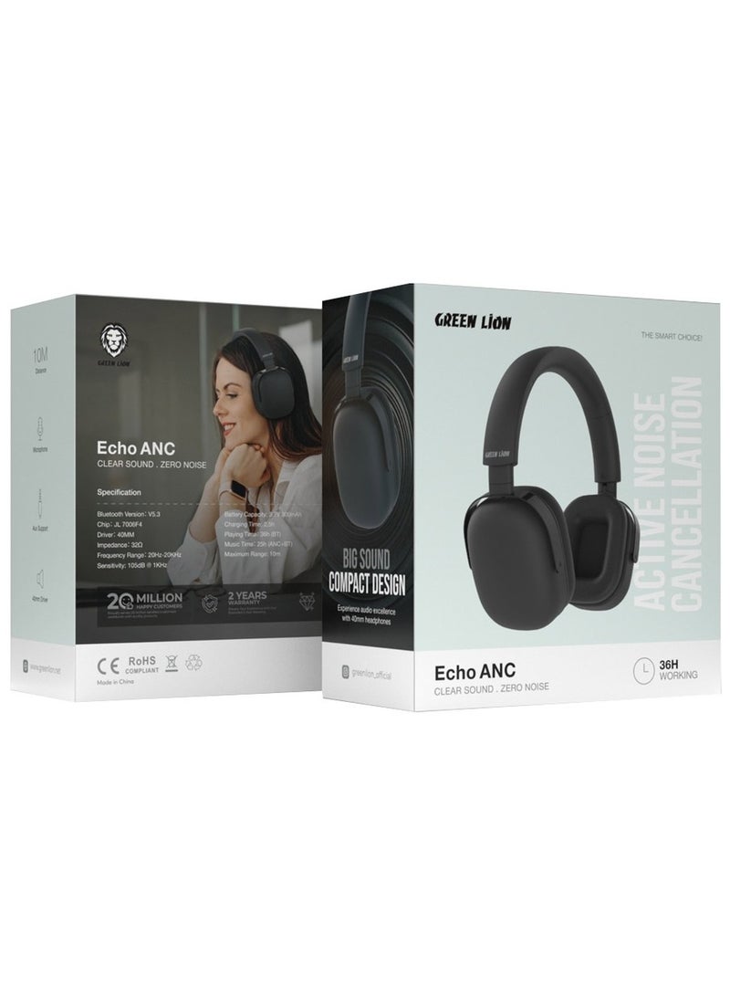 GREEN LION ECHO ANC Headphone / Clear Sound / Zero Noise / Significant Working Hours / Considerable Range Distance / Microphone / Aux Support / 40mm Driver / V5.3 Bluetooth / Durable - Black - Image 5