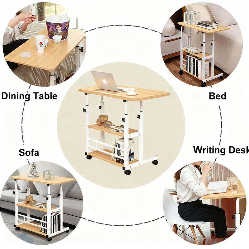 VebaCidi Medical Overbed Bedside Table with Two Shelves and Wheels (Hospital and Home Use), 31 1/2" Desk with Non Tilt Wooden Top, Adjustable Height (Walnut) - Image 2