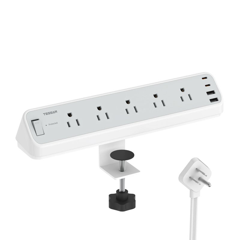 TESSAN Desk Clamp Power Strip 10 Ft, TESSAN 2100J Surge Protector Desk Charging Station, 5 Outlets with 4 USB Ports (2 USB C), Flat Plug Extension Cord with Multiple Outlets for Gaming Home Office Dorm Room - Image 1