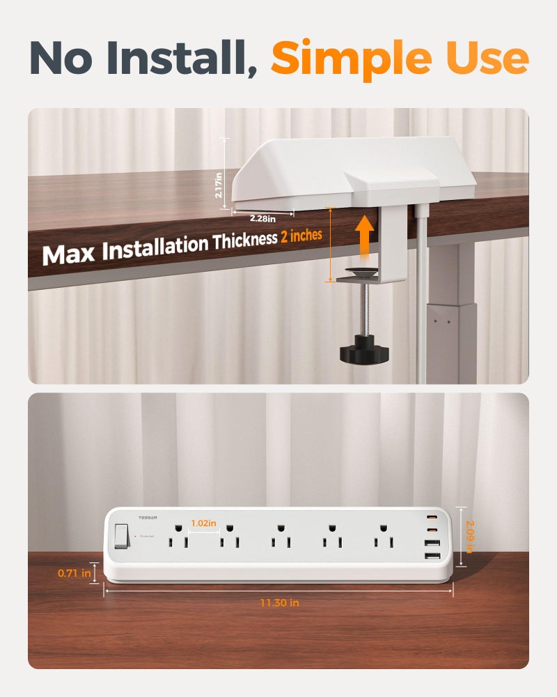 TESSAN Desk Clamp Power Strip 10 Ft, TESSAN 2100J Surge Protector Desk Charging Station, 5 Outlets with 4 USB Ports (2 USB C), Flat Plug Extension Cord with Multiple Outlets for Gaming Home Office Dorm Room - Image 3