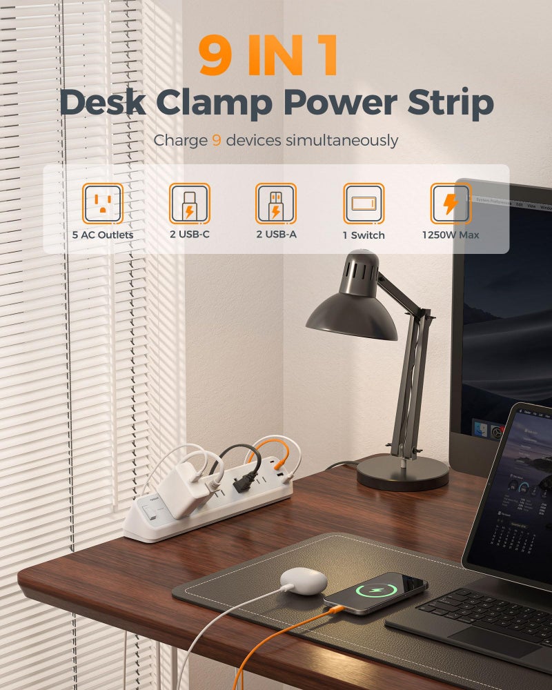 TESSAN Desk Clamp Power Strip 10 Ft, TESSAN 2100J Surge Protector Desk Charging Station, 5 Outlets with 4 USB Ports (2 USB C), Flat Plug Extension Cord with Multiple Outlets for Gaming Home Office Dorm Room - Image 2