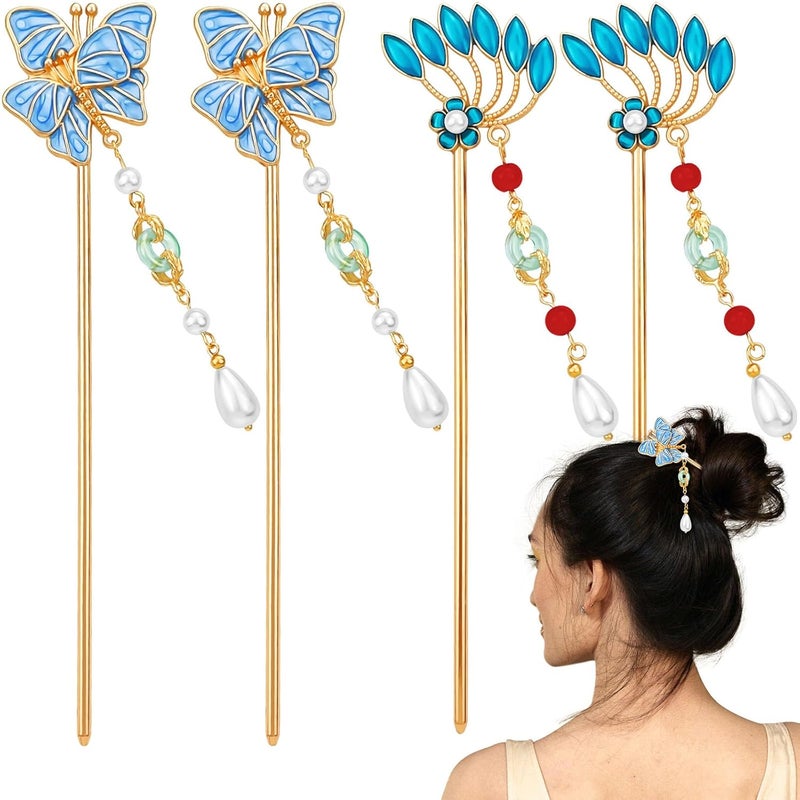 Aswewamt 4 Pcs Butterfly Pteris Chinese Tassel Hair Sticks Metal Vintage Hair Chopsticks Gold Pearl Hair Pins Hanfu Classical Blue Hair Fork Chignon Hair Jewelry Accessories for Long Hair Women