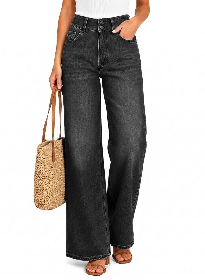 UPNET Women's High Waisted Baggy Jeans – Stretchy Wide Leg Tummy Control Straight Leg Denim Pants Trendy Jeans for Women 2025, Black, 8 Short - Image 1