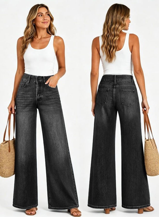 UPNET Women's High Waisted Baggy Jeans – Stretchy Wide Leg Tummy Control Straight Leg Denim Pants Trendy Jeans for Women 2025, Black, 8 Short - Image 2