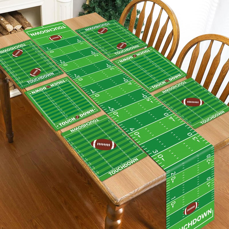 OBUSATT 7Pcs Football Party Decorations Green Touchdown Placemats and Table Runner Sport Football Grass Dining Table Placemats Football Field Table Runner Party Decor for Game Days Seasonal Home Kitchen - Image 1