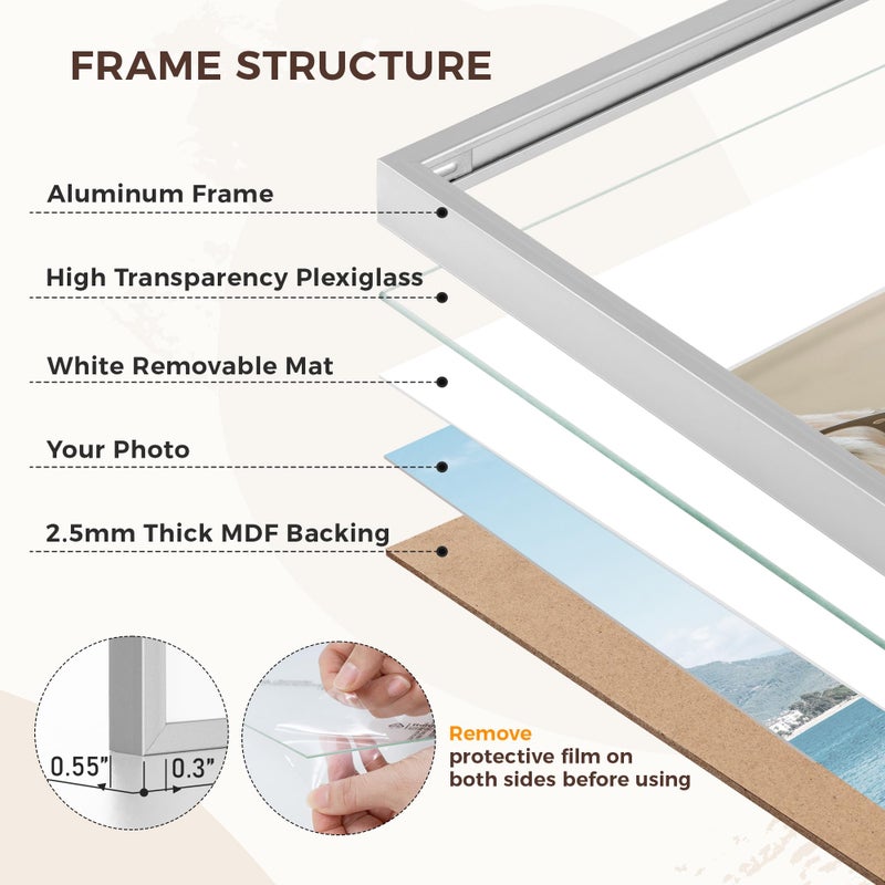 RICHFOCUS 8x10 Picture Frame with Mat for 5x7 |8 x 10 Modern Photo Frame Silver|8 by 10 Metal Aluminum Frames with Stand for Tabletop or Wall Hanging|Hardwares Included  Set of 3 - Image 3