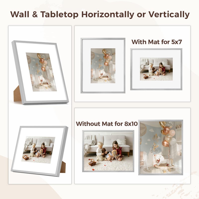 RICHFOCUS 8x10 Picture Frame with Mat for 5x7 |8 x 10 Modern Photo Frame Silver|8 by 10 Metal Aluminum Frames with Stand for Tabletop or Wall Hanging|Hardwares Included  Set of 3 - Image 2