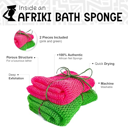 AFRIKI African Net Sponge – Exfoliating Body Scrubber, Black Owned & Rooted in Africa, All Skin Types | 45 in Long (Pink & Green) - Image 2