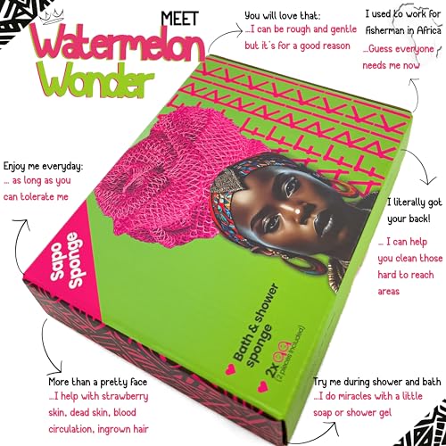 AFRIKI African Net Sponge – Exfoliating Body Scrubber, Black Owned & Rooted in Africa, All Skin Types | 45 in Long (Pink & Green) - Image 3