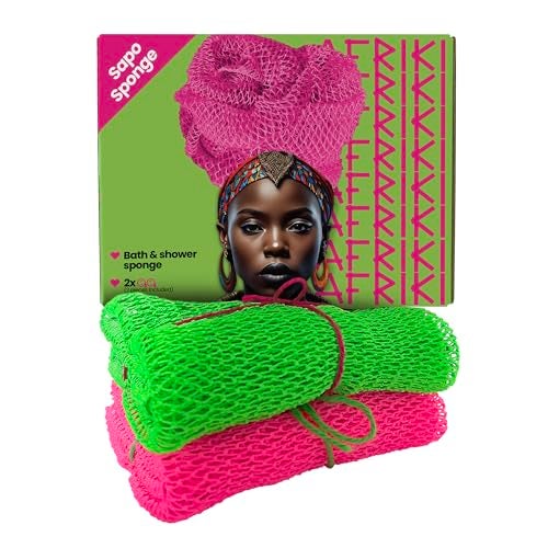 AFRIKI African Net Sponge – Exfoliating Body Scrubber, Black Owned & Rooted in Africa, All Skin Types | 45 in Long (Pink & Green) - Image 1