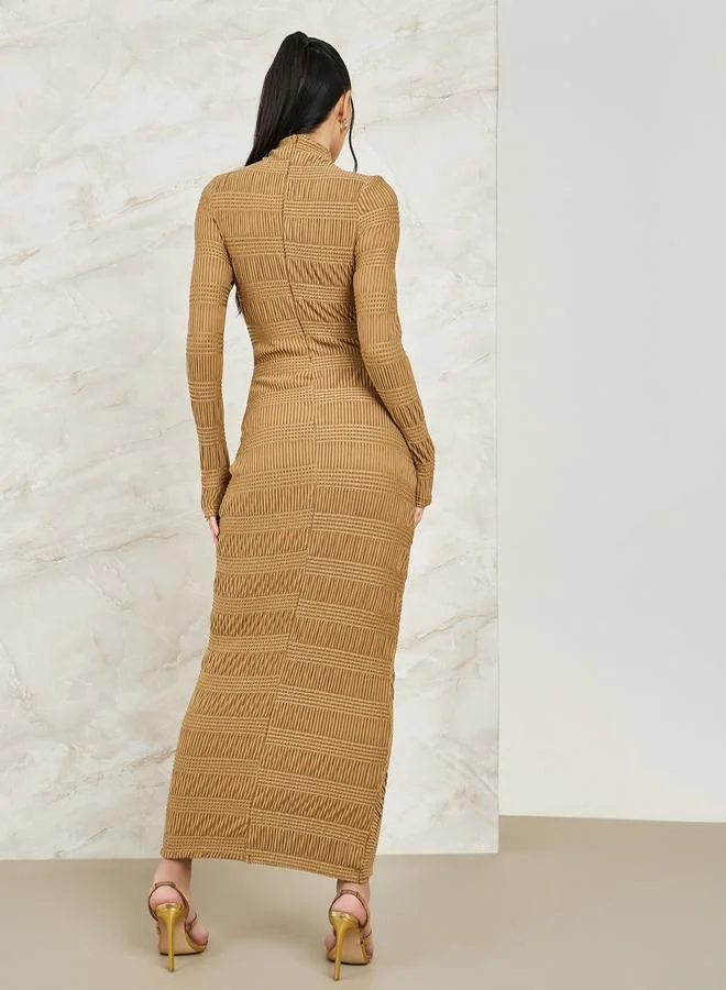Styli Textured High Neck Bodycon Maxi Dress