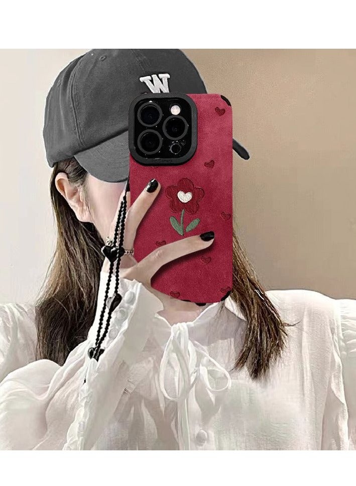 NIBEMINENT Love Red Flower Protective TPU Case Cover For iPhone 16 Plus, Pink Suede With Bracelet