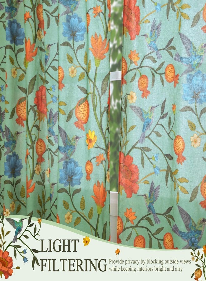 JOOJA Boho Curtains 2 Panels 84 Inches Long Vintage Floral Patterned Green Whimsical Bird Living Room Colorful Cotton Linen Blend Printed Curtains for Bedroom Kitchen - Image 2