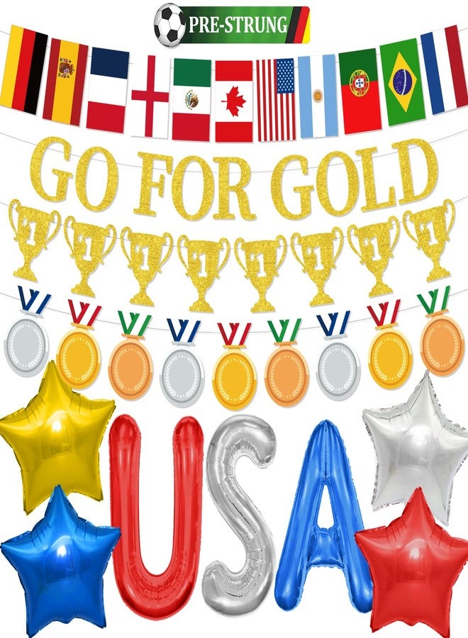 زينة لافتة "Go For Gold" جاهزة للتعليق، لافتة ذهبية لامعة جاهزة للتجميع، لافتة بطولة لمباريات كرة القدم الدولية لعام 2026، لوازم زينة حفلات ذات طابع خاص - Image 1