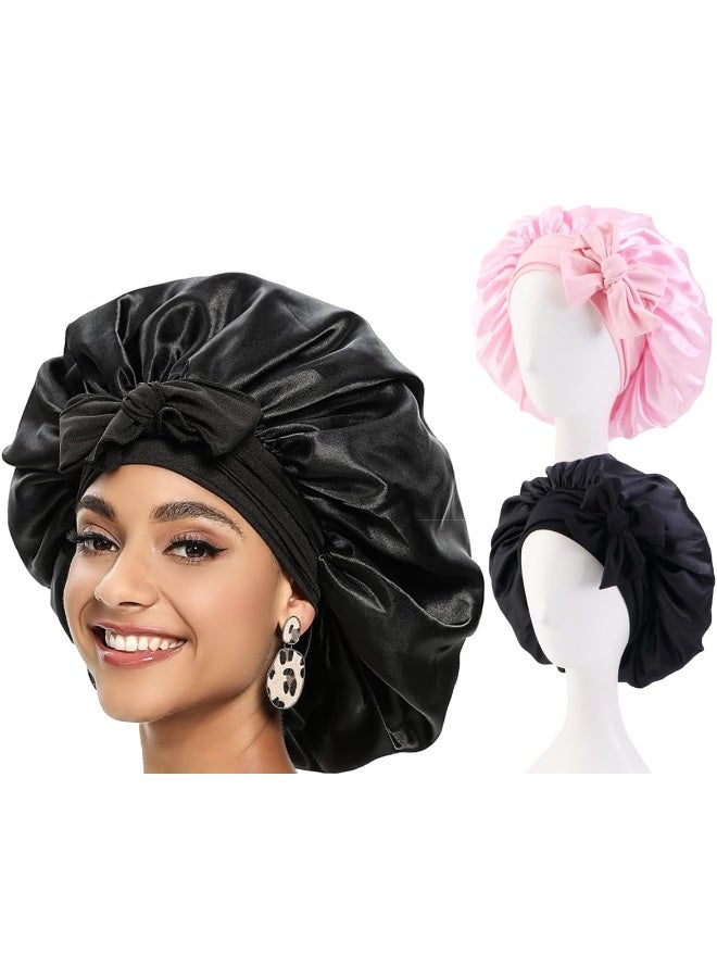 ECVV 2PCS Satin Bonnet Silk Bonnet for Sleeping, Women Satin Hair Bonnet Hair Sleep Caps with Elastic Tie Band Natural Curly Hair, Pink and Black - Image 1