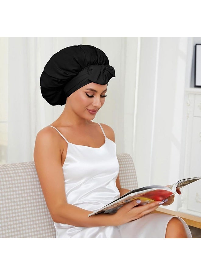 ECVV 2PCS Satin Bonnet Silk Bonnet for Sleeping, Women Satin Hair Bonnet Hair Sleep Caps with Elastic Tie Band Natural Curly Hair, Pink and Black - Image 4