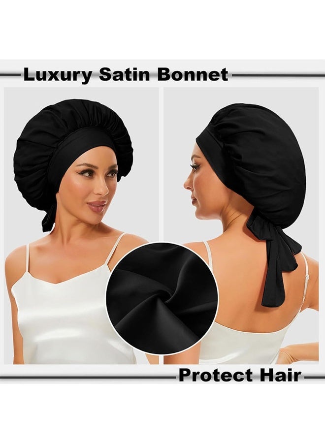 ECVV 2PCS Satin Bonnet Silk Bonnet for Sleeping, Women Satin Hair Bonnet Hair Sleep Caps with Elastic Tie Band Natural Curly Hair, Pink and Black - Image 3