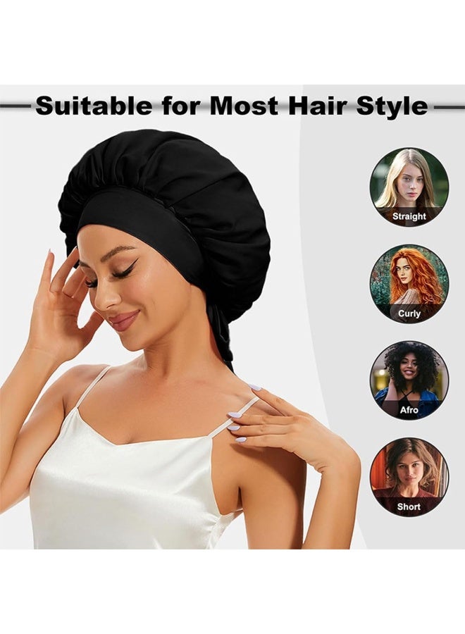 ECVV 2PCS Satin Bonnet Silk Bonnet for Sleeping, Women Satin Hair Bonnet Hair Sleep Caps with Elastic Tie Band Natural Curly Hair, Pink and Black - Image 2