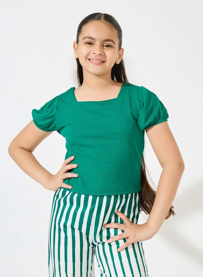 Styli Rib Knit Square Neck Top & Striped Pants Set