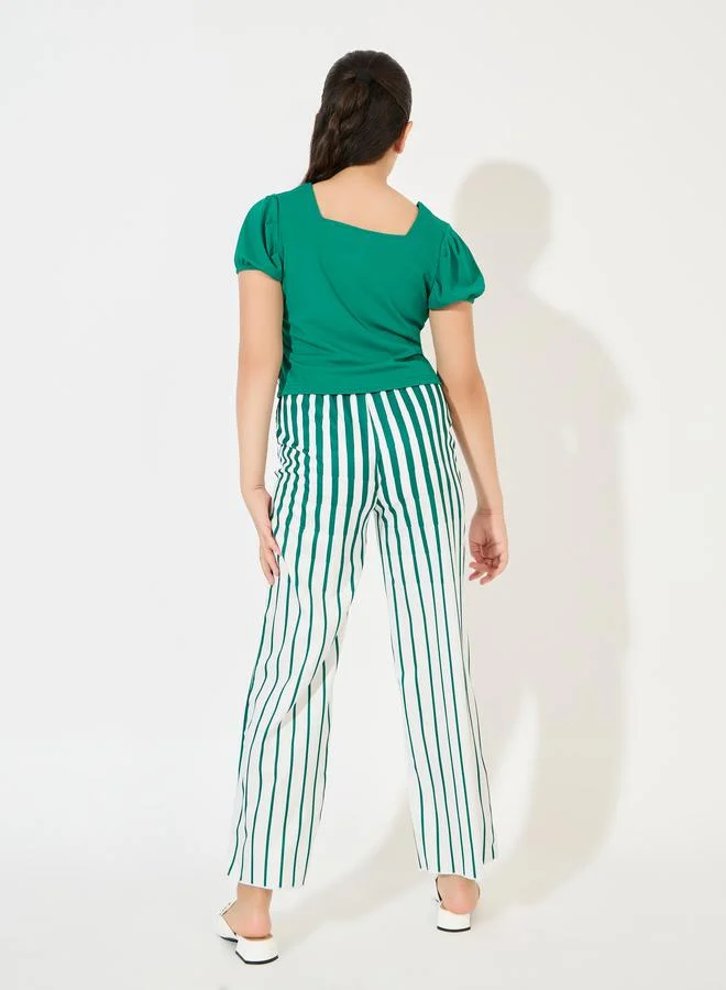 Styli Rib Knit Square Neck Top & Striped Pants Set