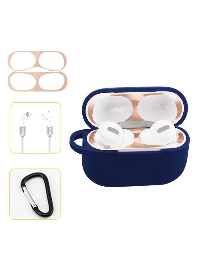Case Cover For AirPods Pro Silicone Wireless Earphone Protective Case Storage Box with Hook & Anti-drop Rope Blue+Blush Gold Inner Sticker