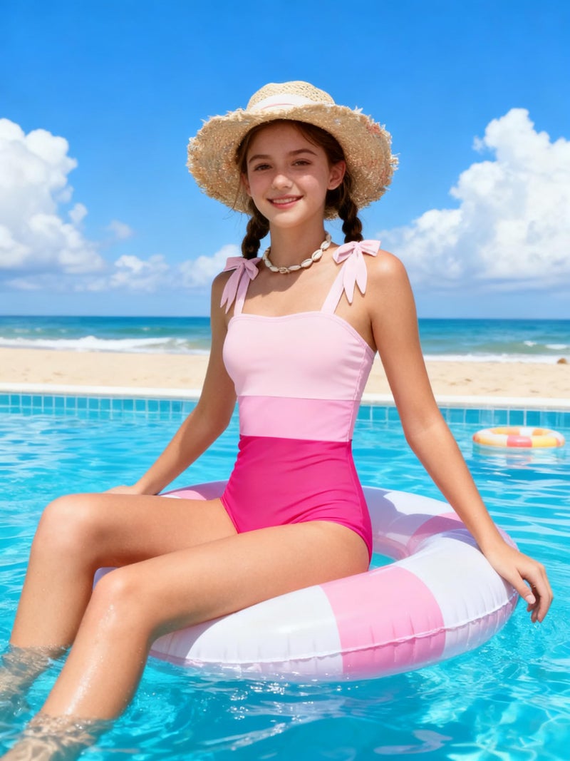 Dearnow Teen Swimsuits for Girls 12-14 One Piece Pink Casual Color-Block Adjustable Straps Girls Bathing Suit Swimwear - Image 4