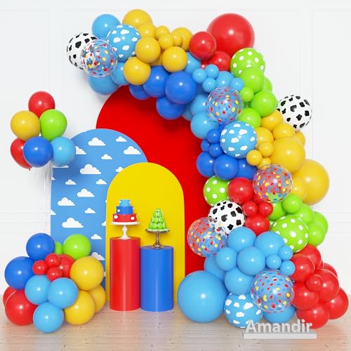 Amandir 152Pcs Blue Red Yellow Balloon Arch Garland Kit, Different Sizes 12 10 5 Cow Cloud Pattern Green Confetti Latex Balloons for Kids Cartoon Theme Birthday Baby Shower Decorations - Image 1